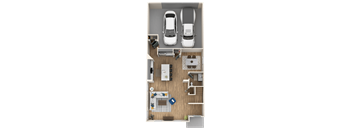 A top-down view of a small apartment with two parking spaces.