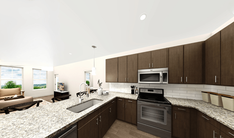 A modern kitchen with dark wood cabinets and a granite countertop.
