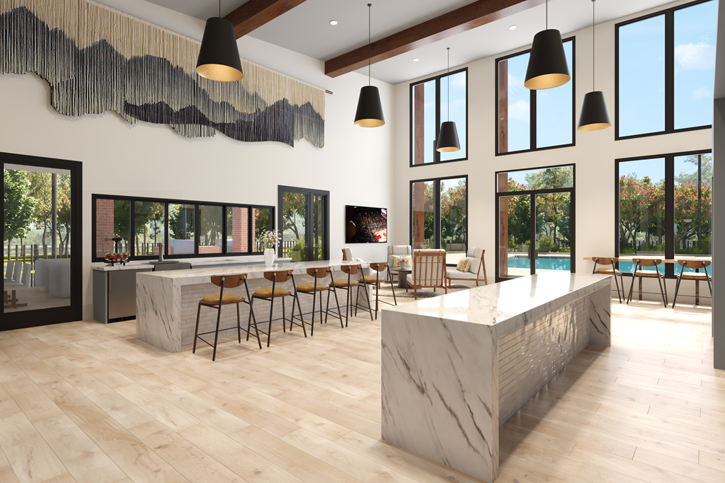 a rendering of a large open space with a bar and tables