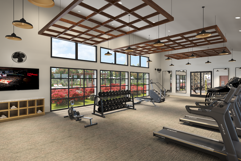 a rendering of a fitness center with cardio equipment and windows