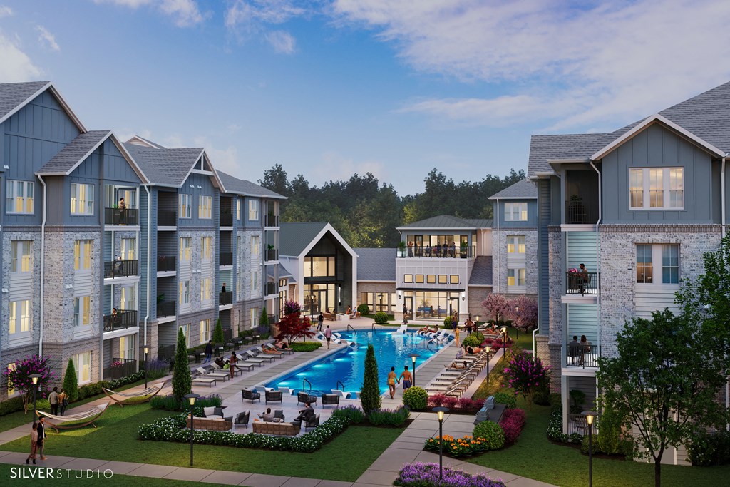 a rendering of an apartment complex with a swimming pool