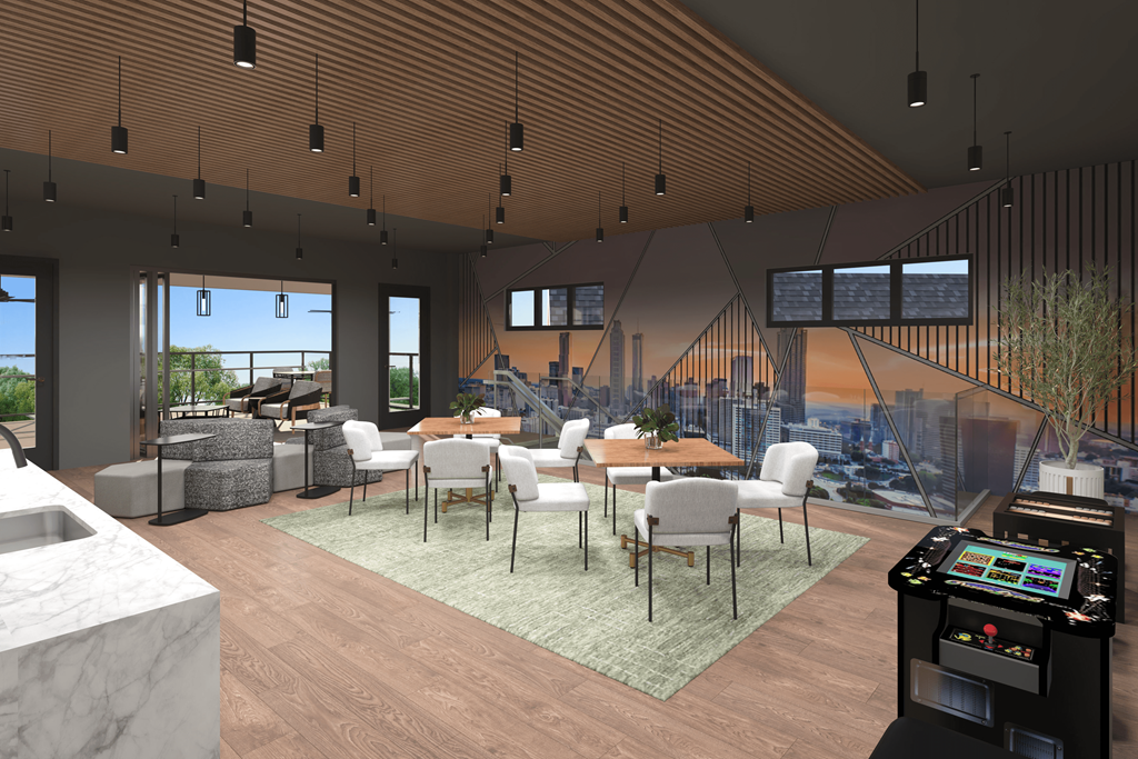 a rendering of a restaurant and lounge area with tables and chairs