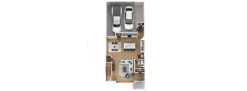 A top-down view of a house interior with two cars parked in the garage.