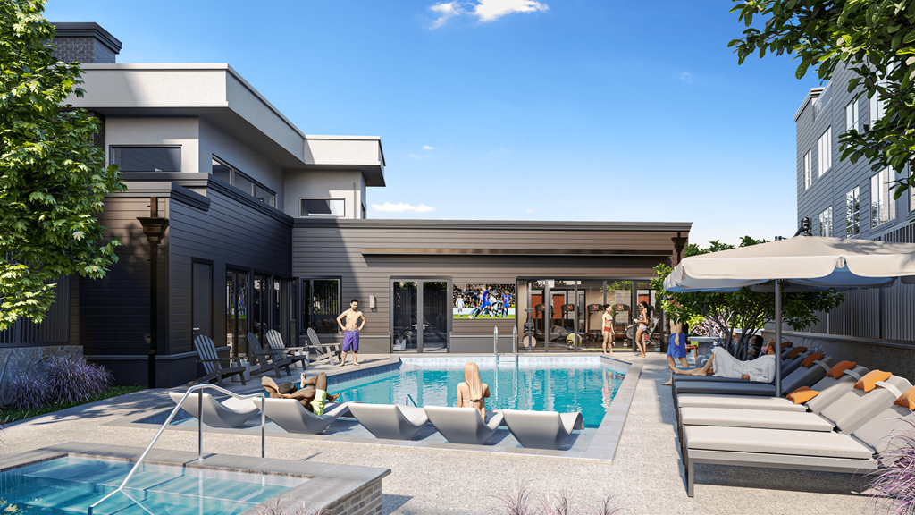 a rendering of a pool in front of a building with people sitting around it