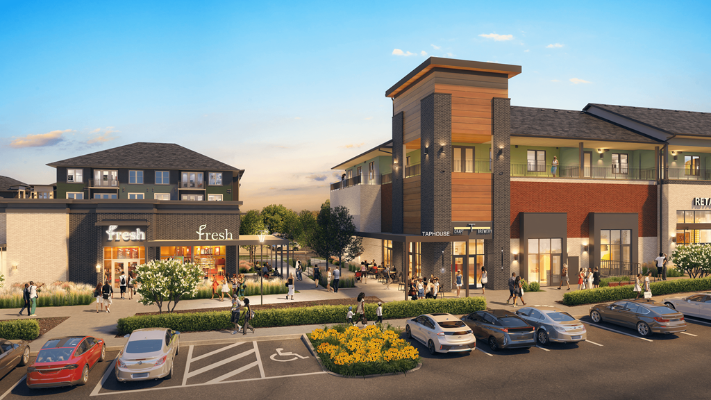 A rendering of a shopping center with cars parked in front and people walking around.