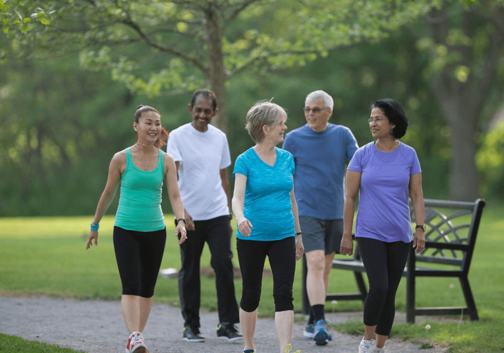 a group of people walking in a park
