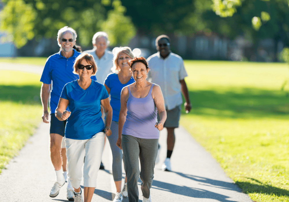 a group of people walking on a path in a park