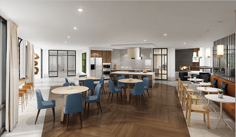 a rendering of a kitchen and dining room with tables and chairs