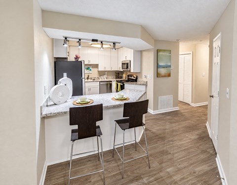 A kitchen with a bar area and two chairs.