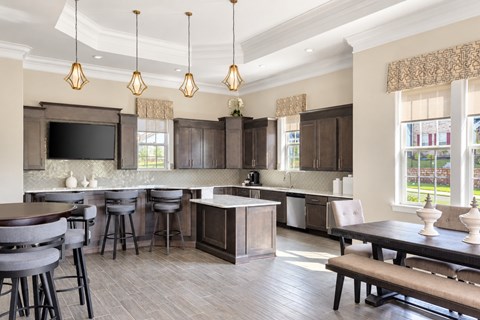 A modern kitchen with a dark wood finish and a large island.
