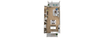 A top-down view of a small, well-organized kitchen and living area.