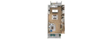 A top-down view of a modern apartment layout with a kitchen, living room, and dining area.