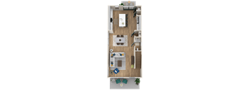 A top-down view of a living room with a dining area and kitchen.