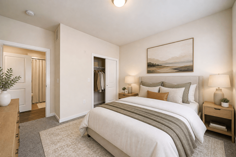 A bedroom with a large bed and a painting on the wall.