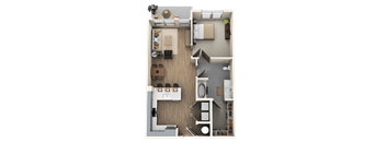 A top-down view of a small apartment with a kitchen, living room, and bathroom.