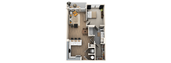 A top-down view of a well-organized apartment with a kitchen, living room, and bedroom.