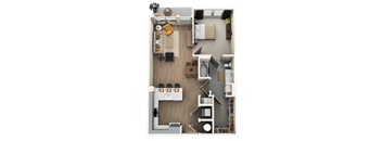 A top-down view of a small, well-organized apartment with a kitchen, living room, and bathroom.