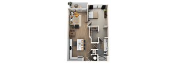 A top-down view of a small apartment with a kitchen, living room, and bathroom.