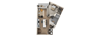 A detailed floor plan of a small apartment with a kitchen, living room, and bedroom.