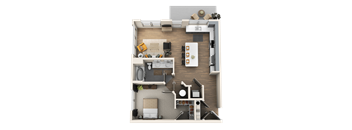 A detailed 3D floor plan of a modern apartment layout.