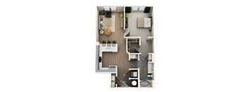 A top-down view of a small apartment with a kitchen, living room, and bathroom.
