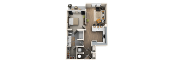 A top-down view of a well-organized apartment with a kitchen, living room, and bathroom.