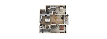 A detailed 3D floor plan of a house layout.