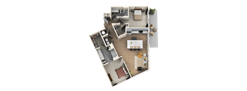 A top-down view of a house layout with a kitchen, living room, and bedrooms.