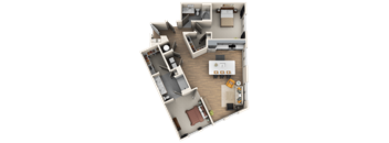 A detailed 3D floor plan of a house showing all rooms and furniture layout.