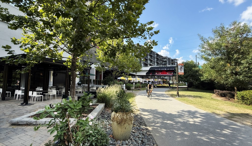A tree-lined walkway leads to a building with tables and chairs outside.