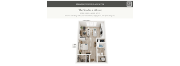 A floor plan of a studio apartment with a bathroom and alcove.