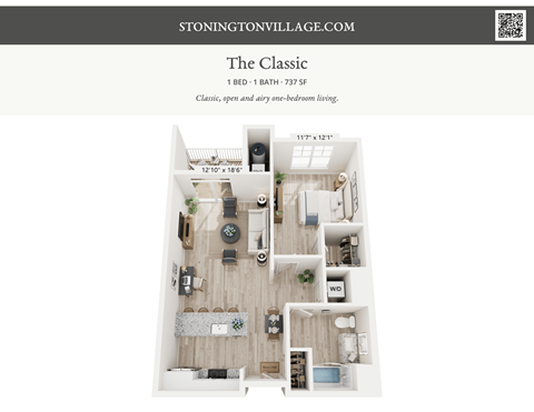 A floor plan of a one-bedroom apartment with a living room, kitchen, and bathroom.