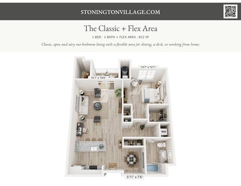 A floor plan of a one-bedroom apartment with a bath and a flex area.