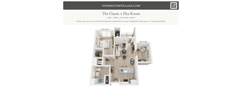 A floor plan of a one bedroom, one bathroom apartment with a separate flex room.