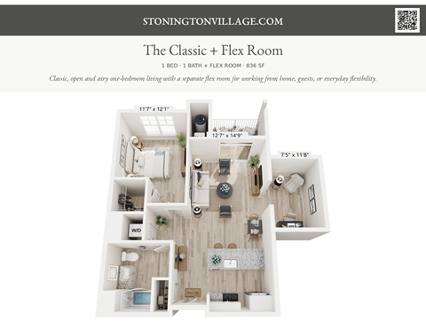 A floor plan of a one bedroom, one bathroom apartment with a separate flex room.