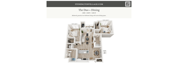 A floor plan of a 2 bedroom, 2 bathroom apartment with a dining area.