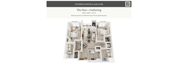 A floor plan of a 2 bedroom, 2 bathroom apartment with a gathering space.