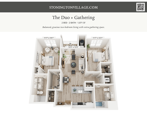 A floor plan of a 2 bedroom, 2 bathroom apartment with a gathering space.