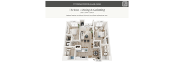A floor plan of a two bedroom, two bathroom apartment with a living room and dining room.