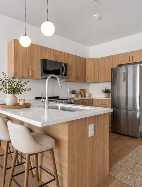 A modern kitchen with wooden cabinets and a stainless steel refrigerator.