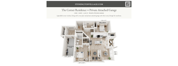 A floor plan of a 2 bedroom, 2 bathroom apartment with a private attached garage.