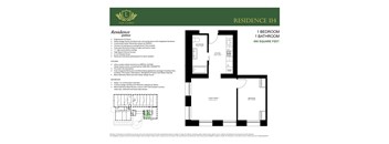 A floor plan for a residence with a kitchen, living room, and bathroom.
