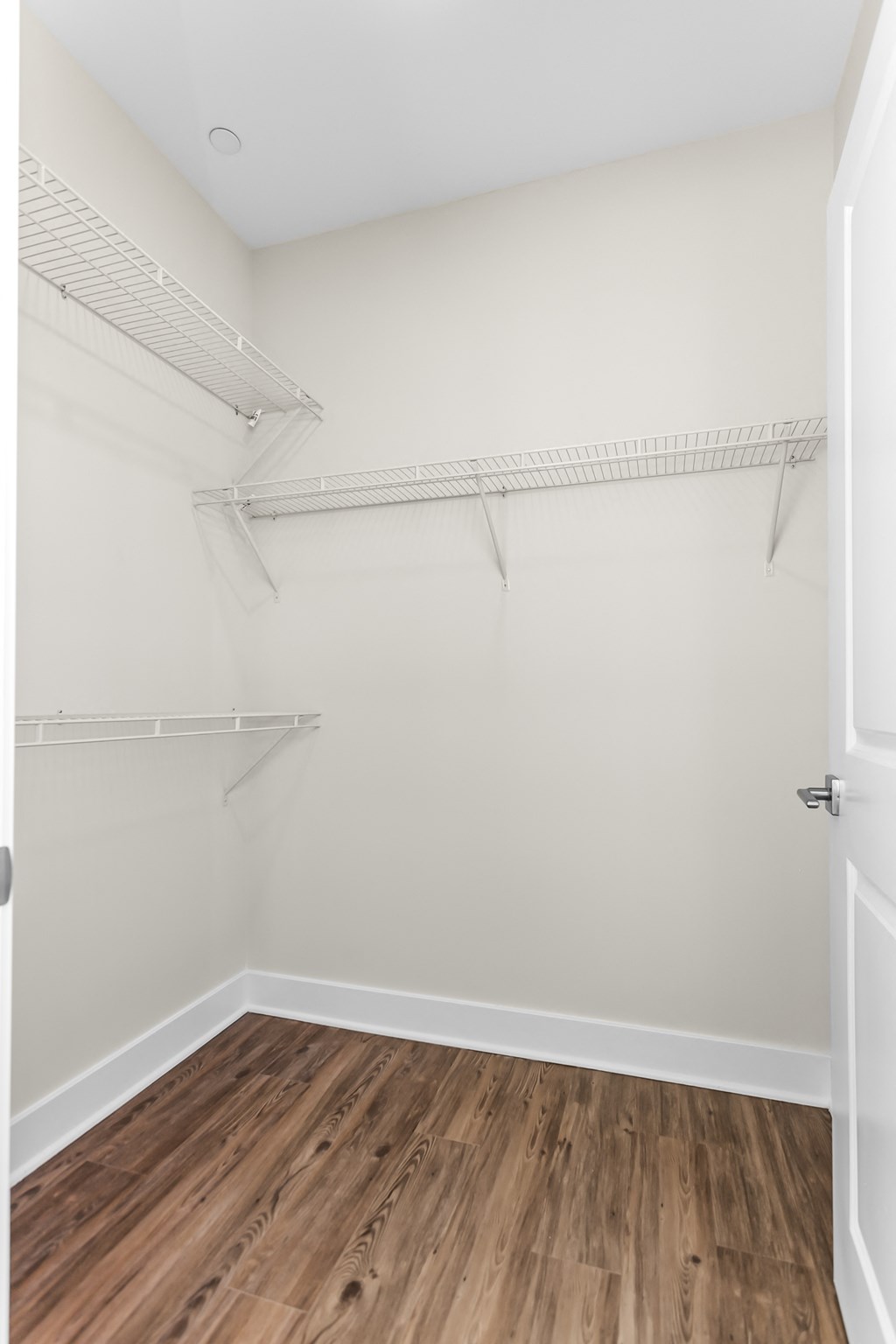 A white closet with wood flooring and a white door.
