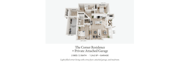 A floor plan of a corner residence with a private attached garage.