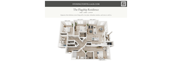 A floor plan of a 3 bedroom, 2 bath home with a living room, dining room, kitchen, and two bedrooms.