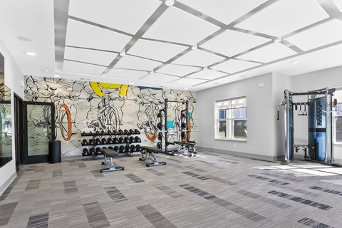 A gym with a grey carpet and a wall with a painting of horses.