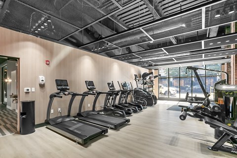 a row of treadmills in a gym with a glass door