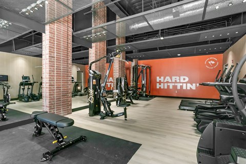 the gym at hard hittin features a variety of exercise equipment