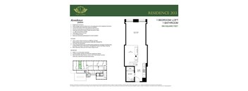 A floor plan for a residence with a kitchen, living room, and bathroom.