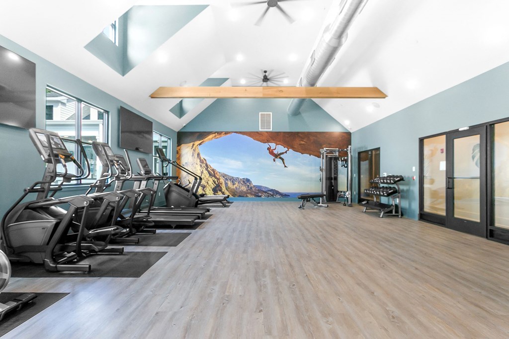 A gym with treadmills and a wall mural of a person skydiving.